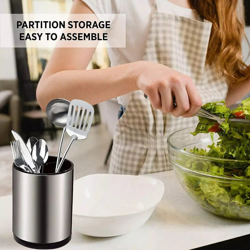 Stainless Steel Rotating Storage Bucket (Kitchen Utensil Holder with Drain)