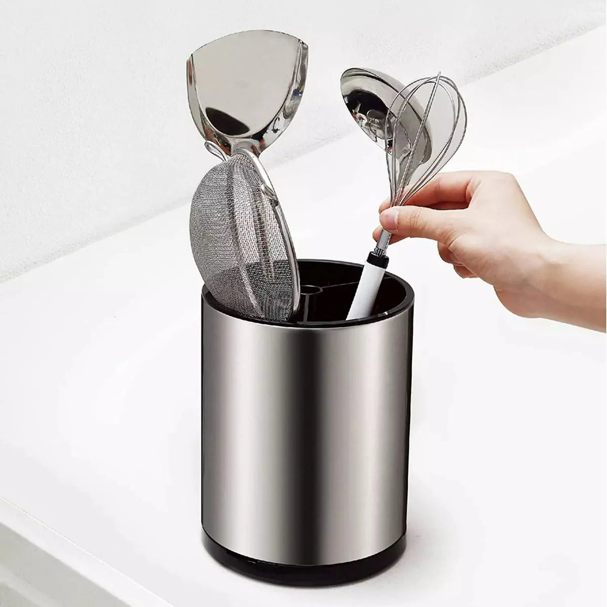 Stainless Steel Rotating Storage Bucket (Kitchen Utensil Holder with Drain)